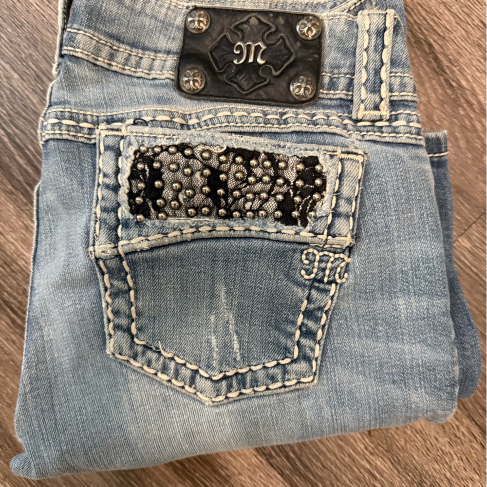Miss Me Light Blue Boot Cut Jeans with Black Embellished Pocket